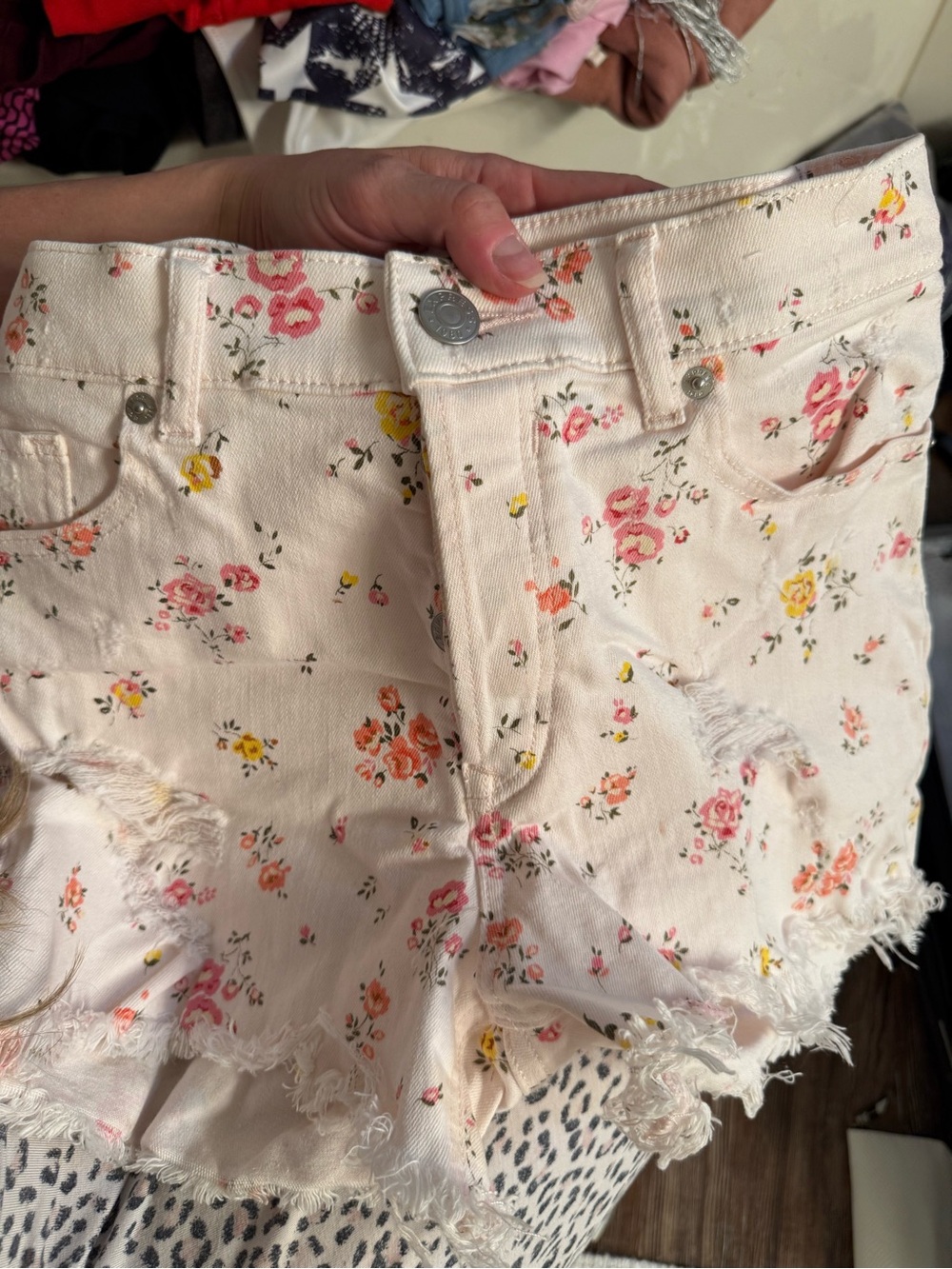 Express Floral Print Distressed Women’s Shorts - Cream with Pink & Yellow Bloom